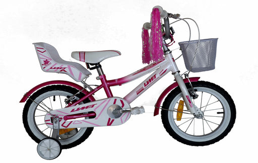 Bicicleta infantil UMIT Diana 14 pulgadas en rosa y blanco con cesta delantera y portamuñecas trasero, ideal para niñas a partir de 3 años que quieren pasear con sus muñecos favoritos
