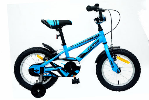 Bicicleta infantil UMIT XS14 14 pulgadas en color azul con estabilizadores laterales, cuadro de acero Hi-Ten y frenos V-Break de aluminio, diseñada para niños a partir de 4 años