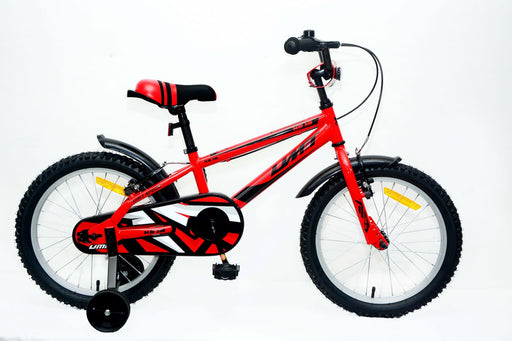 Bicicleta infantil UMIT XS18 18 pulgadas en color rojo con frenos V-Brake de alta seguridad, diseñada para niños a partir de 6 años con cuadro resistente y ruedines estabilizadores incluidos
