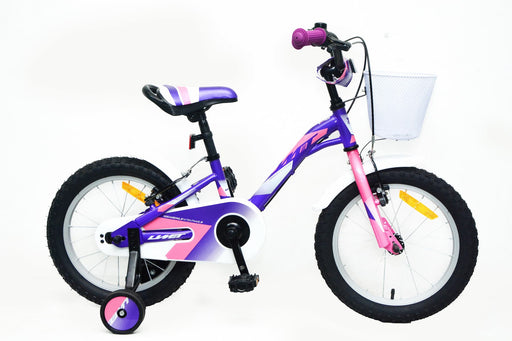 Bicicleta infantil UMIT Alice 16 pulgadas en color violeta con cesta delantera decorativa, diseñada para niñas a partir de 5 años con guardabarros y ruedines estabilizadores incluidos
