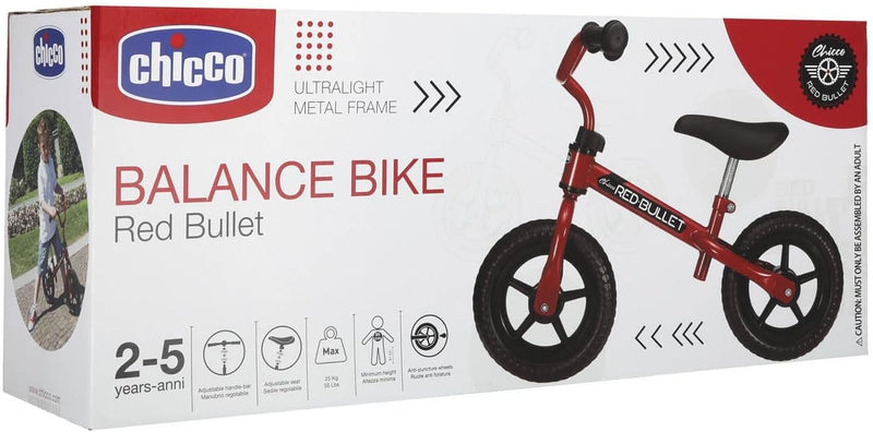 Bicicleta sin pedales Chicco First Bike en color rojo con cuadro de metal ultraligero, ruedas antipinchazos y diseño deportivo para niños de 2 a 5 años hasta 25kg
