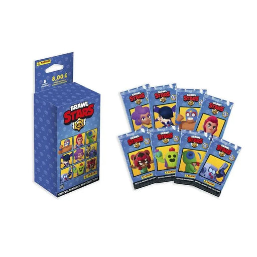 Blíster de 8 sobres Panini Brawl Stars Temporada 2 con 48 cartas coleccionables mostrando los luchadores del juego en la presentación con sobres individuales desplegados
