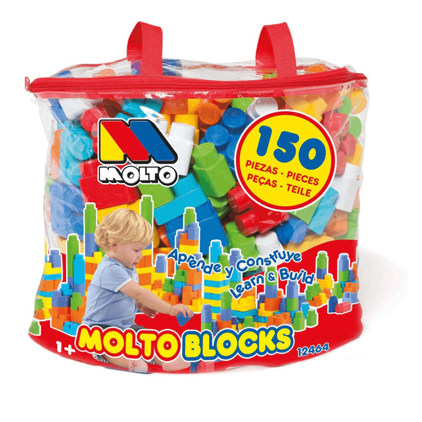 Bolsa Moltó 150 bloques de construcción de colores para niños mayores de 18 meses, set completo con piezas variadas para desarrollar creatividad y motricidad infantil

