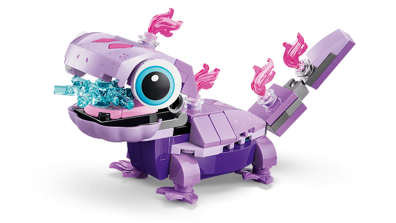 Bruni salamandra LEGO morada articulada con llamas rosas y boca móvil
