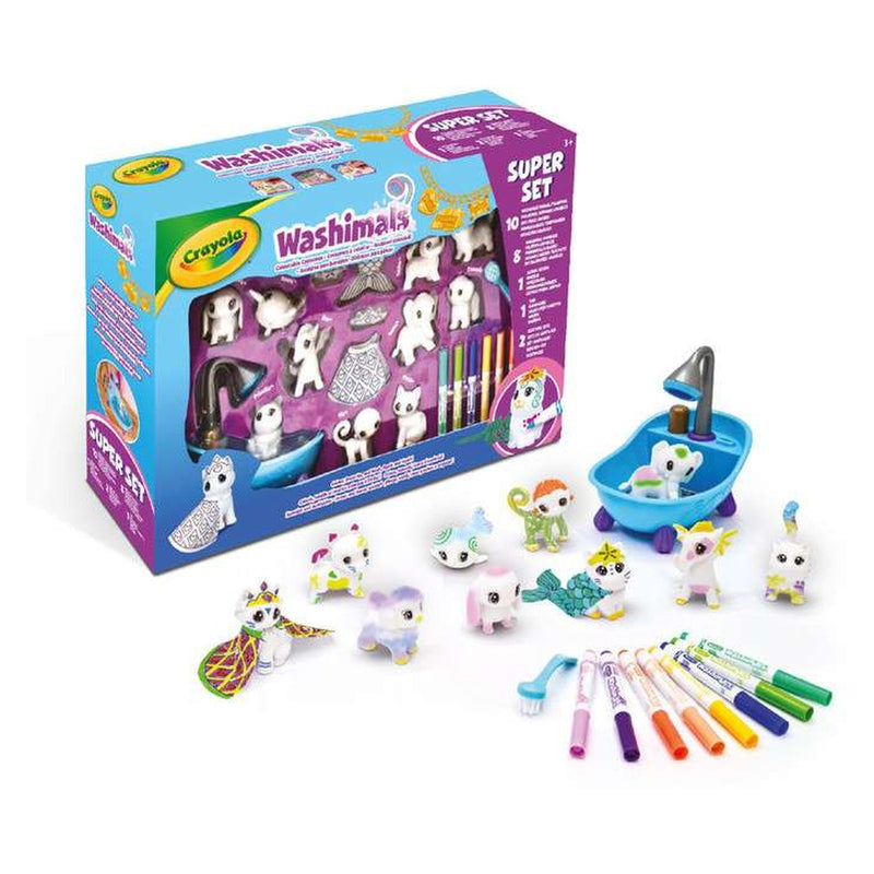Contenido del Crayola Washimals Súper Set: 10 mascotas coloreadas, bañera, cepillo y 8 rotuladores lavables