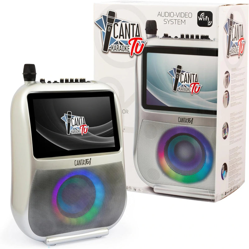 Karaoke Canta Tu Pro junto a su caja, con luces LED multicolor encendidas
