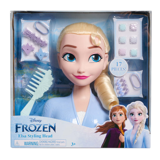 Cabeza de peinar Disney Frozen 2 Basic Elsa Styling Head de JUST PLAY con busto de Elsa, cabello largo rubio platino peinable y accesorios de peluquería incluidos - Juguete educativo para niñas fans de Frozen
