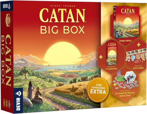 Caja Catan Big Box 2025 de Devir con juego base, expansión 5-6 jugadores, escenarios exclusivos y dados personalizados sobre fondo blanco
