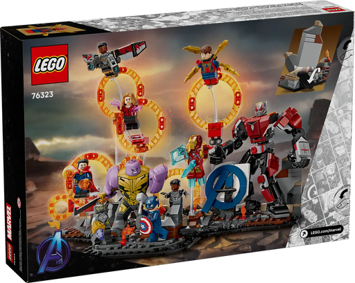 Caja LEGO Marvel 76323 Batalla Final Vengadores Endgame con escenario épico y superhéroes construibles
