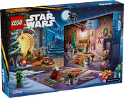 Caja LEGO Star Wars Calendario de Adviento 2025 75418 con WALL-E, EVE y droides Star Wars, mostrando taller de reprogramación de droides y 24 sorpresas navideñas
