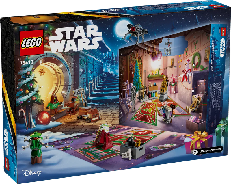 Caja LEGO Star Wars Calendario de Adviento 2025 75418 con WALL-E, EVE y droides Star Wars, mostrando taller de reprogramación de droides y 24 sorpresas navideñas
