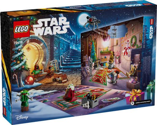 Caja LEGO Star Wars Calendario de Adviento 2025 75418 con WALL-E, EVE y droides Star Wars, mostrando taller de reprogramación de droides y 24 sorpresas navideñas

