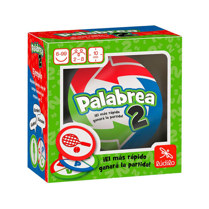 Caja completa del juego Palabrea 2 de Lúdilo mostrando edad 6-99 años, 2-8 jugadores, 10 minutos de duración con logo de Lúdilo
