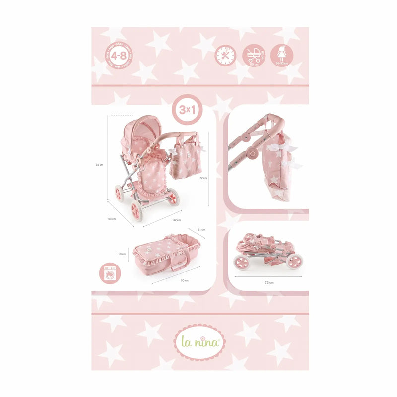 Caja cuco grande Carlota Pink mostrando dimensiones y características 3 en 1
