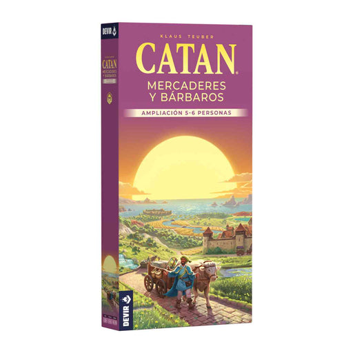 Caja de Catan Mercaderes y Bárbaros Expansión 5-6 Jugadores de Devir con componentes adicionales para ampliar partidas incluyendo fichas de madera, cartas de recursos y hexágonos de terreno sobre fondo blanco
