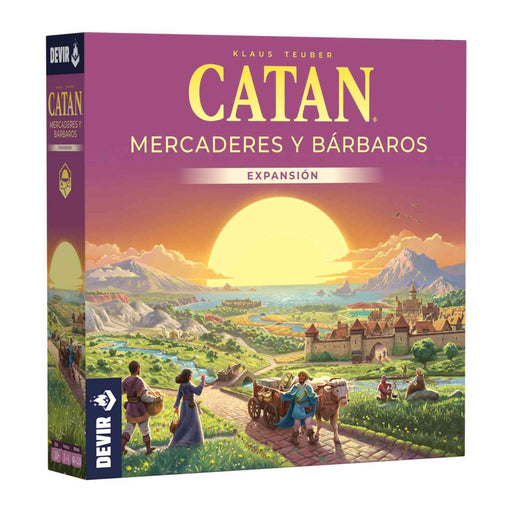 Caja de Catan Mercaderes y Bárbaros de Devir mostrando ilustración medieval con caravanas de camellos, barcos mercantes y colonos en paisaje de Catan con logo del juego sobre fondo blanco
