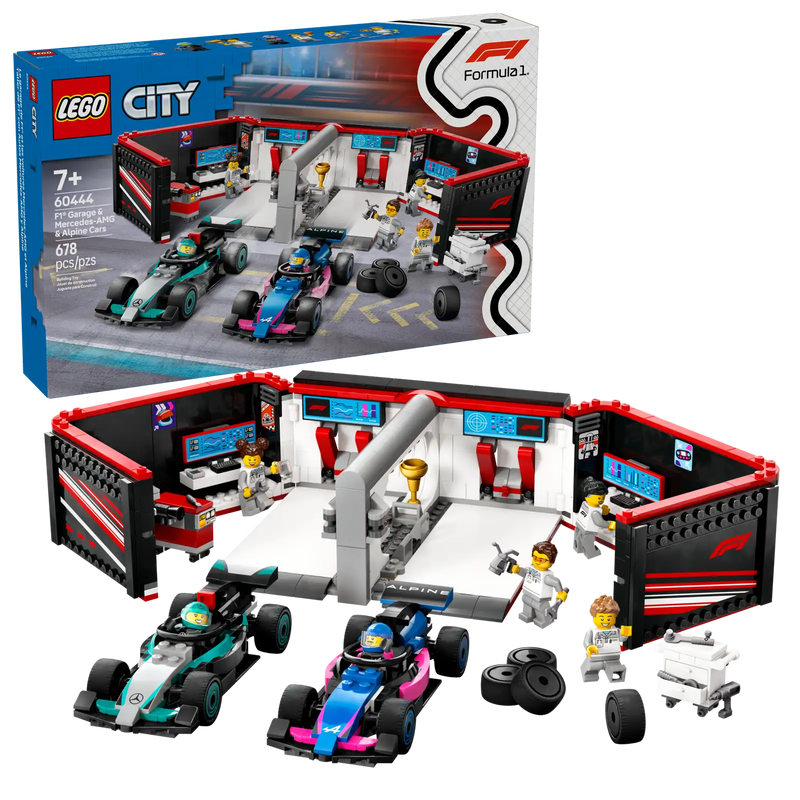 Caja del LEGO City 60444 Garaje de F1 con Coches Mercedes-AMG y Alpine mostrando el garaje portátil con asa de transporte, sistema de lanzamiento con palanca, taller equipado con bancos de trabajo, carros de herramientas, torre de neumáticos y 6 minifiguras (2 pilotos y 4 mecánicos). Set de 678 piezas para niños a partir de 7 años.
