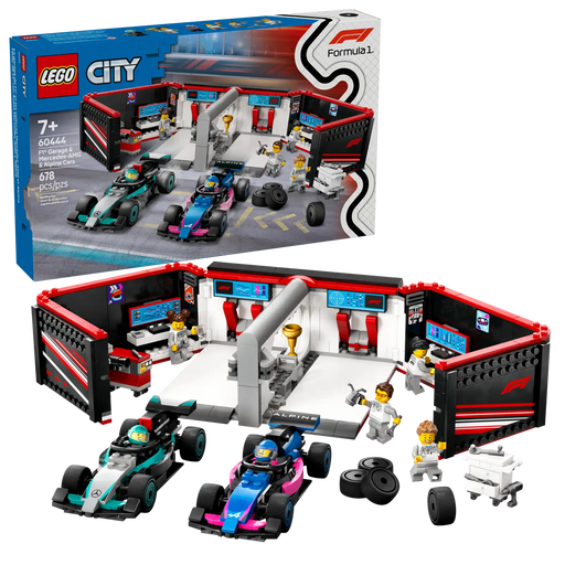 Caja del LEGO City 60444 Garaje de F1 con Coches Mercedes-AMG y Alpine mostrando el garaje portátil con asa de transporte, sistema de lanzamiento con palanca, taller equipado con bancos de trabajo, carros de herramientas, torre de neumáticos y 6 minifiguras (2 pilotos y 4 mecánicos). Set de 678 piezas para niños a partir de 7 años.
