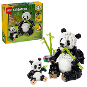Caja del LEGO Creator 31165 Fauna Salvaje Familia de Pandas mostrando los tres modelos 3en1: panda articulado con su cría junto a bambú, orca con su bebé en bases transparentes y pingüino con polluelo en zona de hielo. Set de 626 piezas para niños a partir de 8 años.
