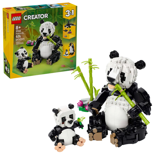 Caja del LEGO Creator 31165 Fauna Salvaje Familia de Pandas mostrando los tres modelos 3en1: panda articulado con su cría junto a bambú, orca con su bebé en bases transparentes y pingüino con polluelo en zona de hielo. Set de 626 piezas para niños a partir de 8 años.
