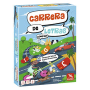 Caja del juego Carrera de Letras de Lúdilo mostrando tablero con letras del abecedario y personajes corriendo para 2-8 jugadores desde 7 años
