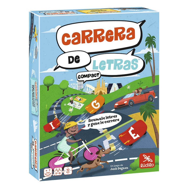Caja del juego Carrera de Letras de Lúdilo mostrando tablero con letras del abecedario y personajes corriendo para 2-8 jugadores desde 7 años
