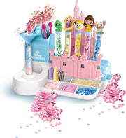 Caja del juego Create your Princess Pens mostrando los componentes y accesorios brillantes incluidos para crear bolígrafos personalizados con temática de princesas de Clementoni

