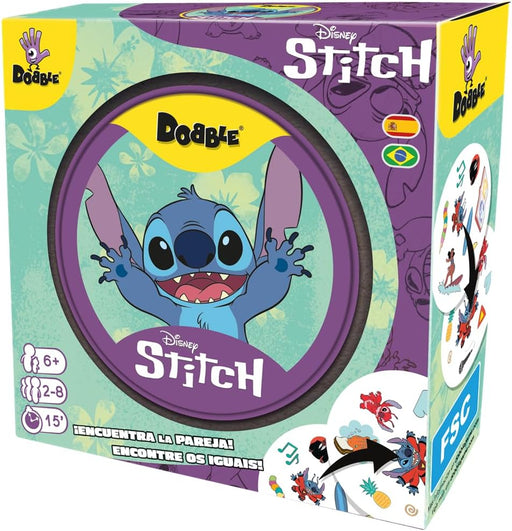 Caja del juego Dobble Disney Stitch de Asmodee con Stitch sonriente, indicaciones de edad 6+ y 2-8 jugadores, 15 minutos de duración