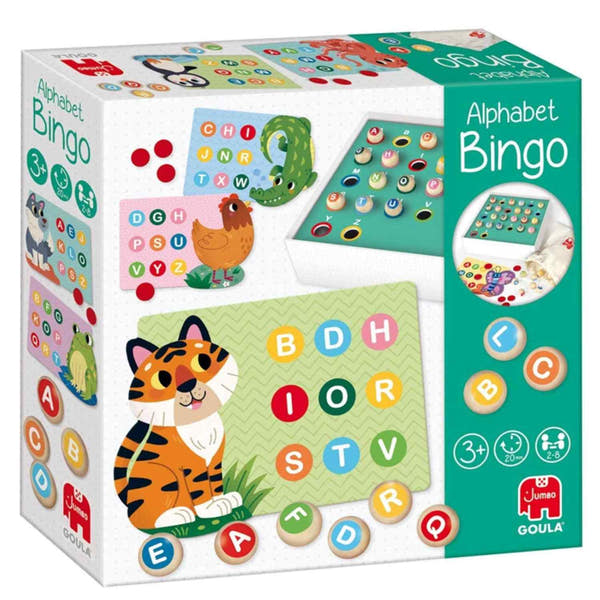 Caja del juego Goula Bingo Alphabet con ilustraciones de letras y pictogramas.

