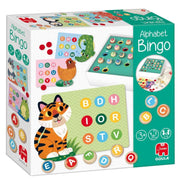 Caja del juego Goula Bingo Alphabet con ilustraciones de letras y pictogramas.
