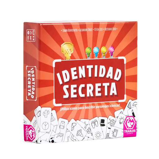Caja del juego Identidad Secreta de Tranjis Games con diseño colorido mostrando iconos y máscaras teatrales, juego de mesa party para adivinar personajes usando solo símbolos
