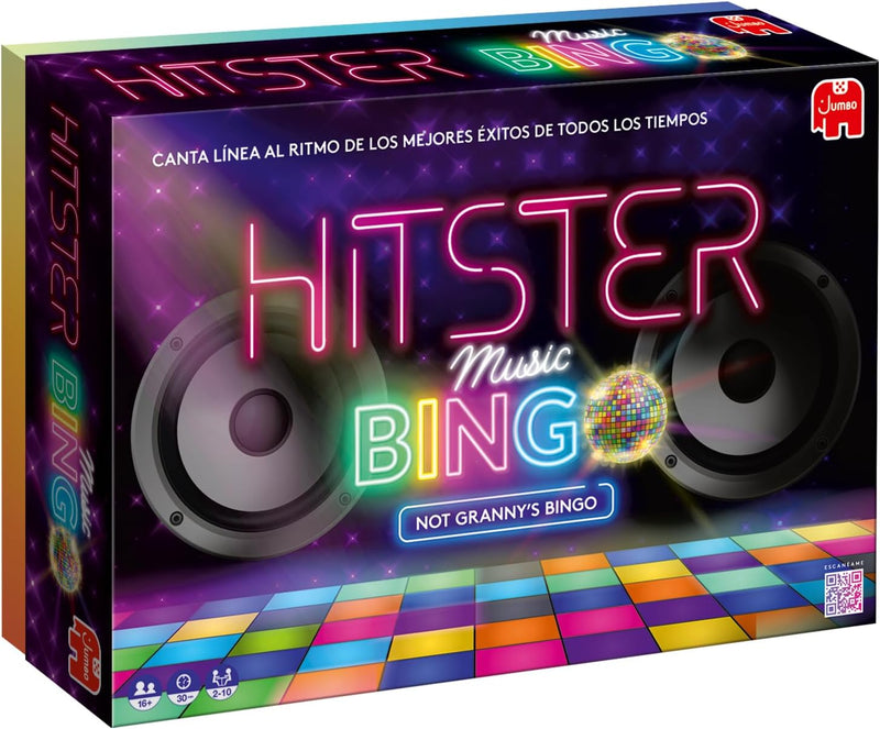 Caja del juego Jumbo Hitster Bingo con diseño musical.
