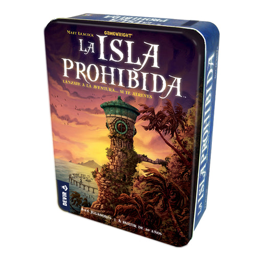 Caja del juego La Isla Prohibida con ilustración de isla y helicóptero
