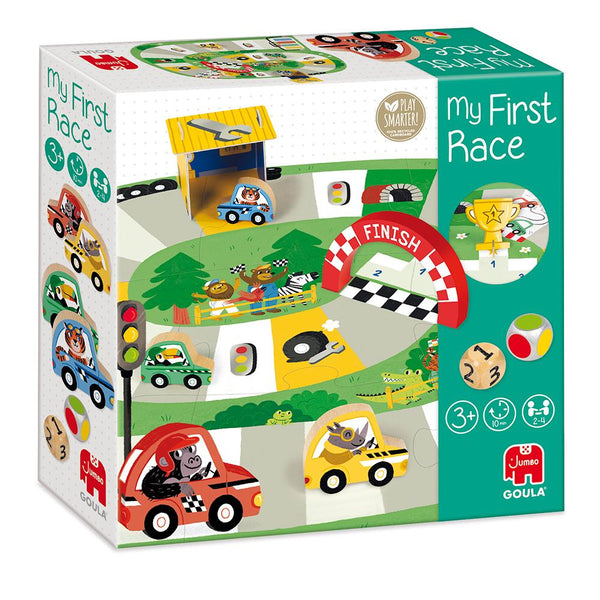 Caja del juego “Mi Primera Carrera” con diseño colorido y coches grandes.
