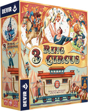 Caja del juego de mesa 3 Ring Circus de Devir mostrando coloridas ilustraciones circenses con acróbatas, payasos y malabaristas, juego familiar de estrategia para 2-4 jugadores
