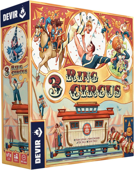 Caja del juego de mesa 3 Ring Circus de Devir mostrando coloridas ilustraciones circenses con acróbatas, payasos y malabaristas, juego familiar de estrategia para 2-4 jugadores
