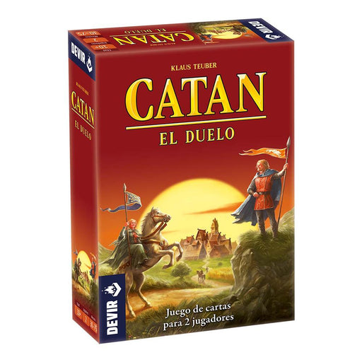 Caja del juego de mesa Catan Duelo de Devir, versión estratégica para dos jugadores con tablero modular y cartas de recursos

