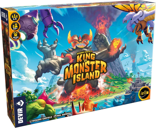 Caja del juego de mesa King of Monster Island de Devir mostrando monstruos gigantes atacando una isla, juego cooperativo estratégico para 1-5 jugadores con componentes de calidad premium
