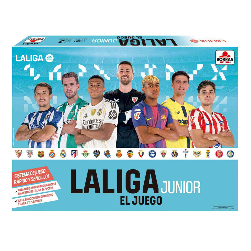 Caja del juego de mesa LALIGA JUNIOR 25-26 FSC® con diseño oficial de la liga española de fútbol, ideal para niños y familias amantes del deporte
