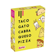 Caja del juego de mesa Lúdilo Taco, Gato, Cabra, Queso, Pizza con ilustraciones coloridas de los cinco elementos del juego sobre fondo vibrante, perfecto para familias y grupos de amigos
