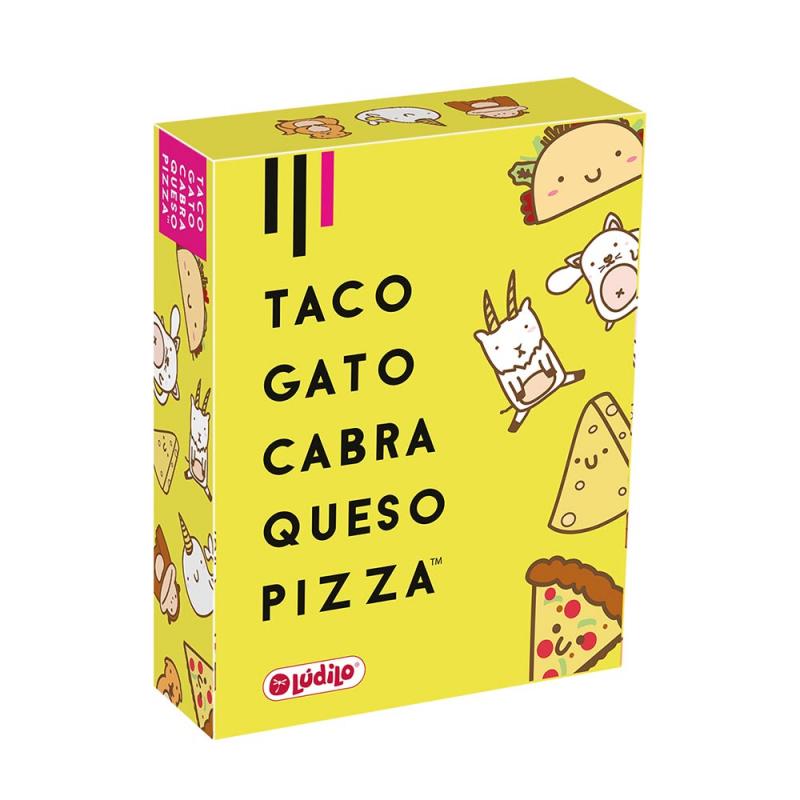 Caja del juego de mesa Lúdilo Taco, Gato, Cabra, Queso, Pizza con ilustraciones coloridas de los cinco elementos del juego sobre fondo vibrante, perfecto para familias y grupos de amigos
