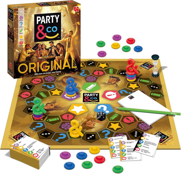 Caja del juego de mesa Party & Co Original de Diset con diseño colorido y logo característico, juego de fiesta para 4 o más jugadores con pruebas de mímica, dibujo, preguntas y canciones
