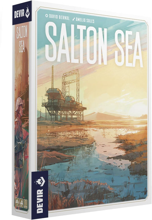 Caja del juego de mesa Salton Sea de Devir, eurogame estratégico con mecánicas de colocación de trabajadores y gestión de cartas de doble uso para mayores de 14 años
