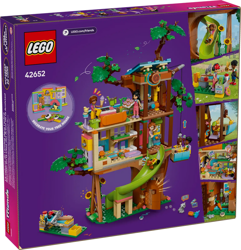 Caja del set LEGO Friends 42652 Casa del Árbol de la Amistad con vista de los espacios personalizables: zona de juegos, cocina, dormitorio y huerto con zanahorias. Set de 701 piezas con ventanas intercambiables, banco de trabajo con herramientas y accesorios variados. Juguete educativo para niños mayores de 8 años.
