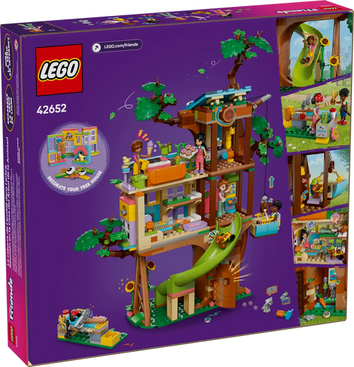 Caja del set LEGO Friends 42652 Casa del Árbol de la Amistad con vista de los espacios personalizables: zona de juegos, cocina, dormitorio y huerto con zanahorias. Set de 701 piezas con ventanas intercambiables, banco de trabajo con herramientas y accesorios variados. Juguete educativo para niños mayores de 8 años.
