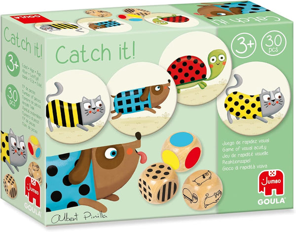 Caja ilustrada del juego Catch it! con animales coloridos y diseño alegre
