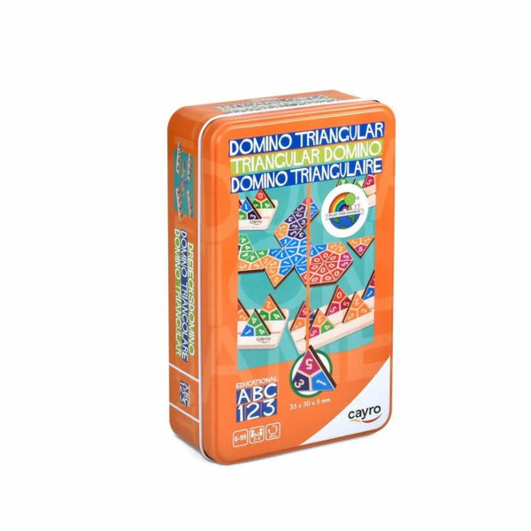 Caja metálica Cayro 108 abierta mostrando fichas de dominó triangular
