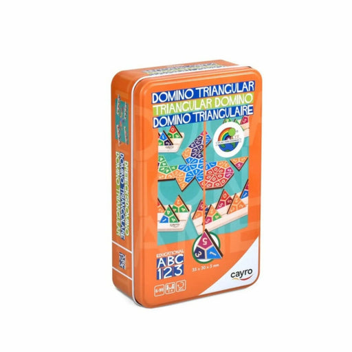 Caja metálica Cayro 108 abierta mostrando fichas de dominó triangular
