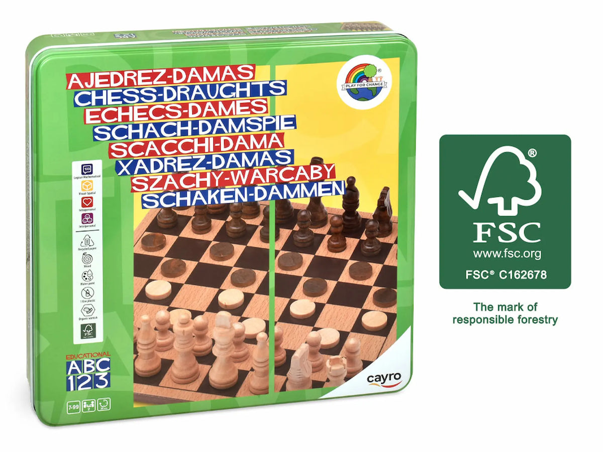 Caja metálica Cayro Ajedrez Damas 751 - Certificación FSC madera sostenible juego mesa clásico verde
