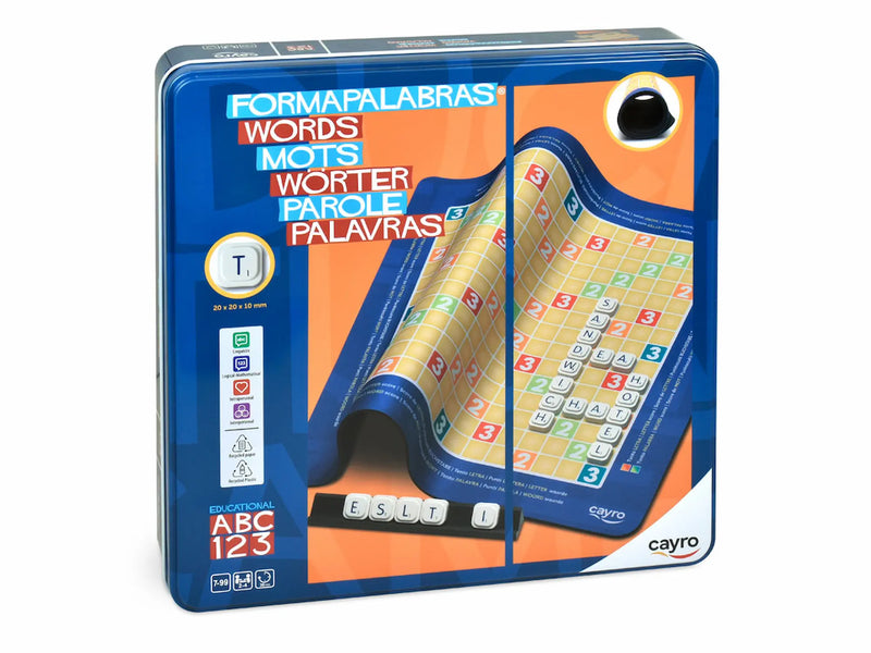 Caja metálica Cayro Formapalabras 756 - Juego palabras cruzadas neopreno educativo ABC 123 multiidioma
